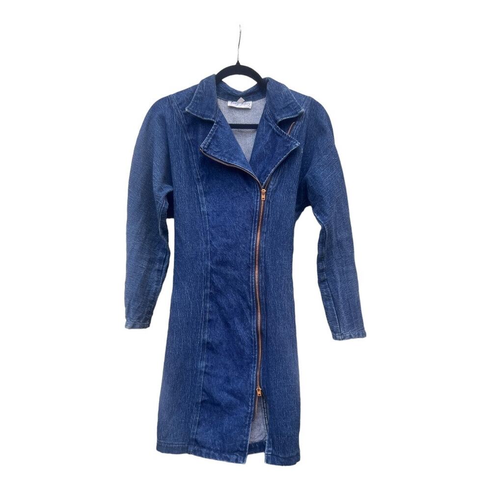 Vintage 80s 90s Paris Blues Long Sleeve Stretch Zip Up Denim Jean Mini Dress